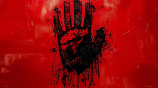 Black handprint on a bright red background, creating a disturbing and dramatic mood. Ideal for concepts of horror, danger, and aggression