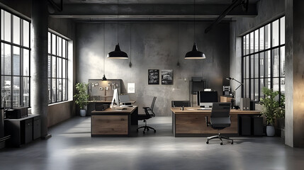 Fototapeta premium Industrial loft office with large windows and wooden desks.
