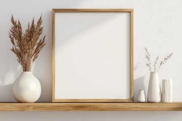 Wooden Shelf with Empty Picture Frame and Vases with Dried Flowers