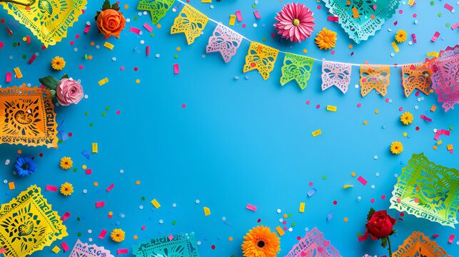  Mexican Fiesta design with blue isolated background, Festive background with colorful bunting balloons and confetti Ideal for celebrations parties ,copy space.