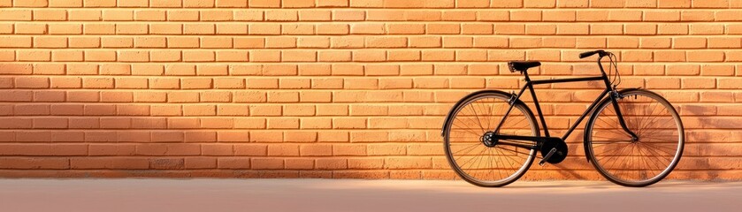Fototapeta premium A modern black bicycle leaned against a vibrant orange brick wall, showcasing urban style and minimalism in a serene setting.