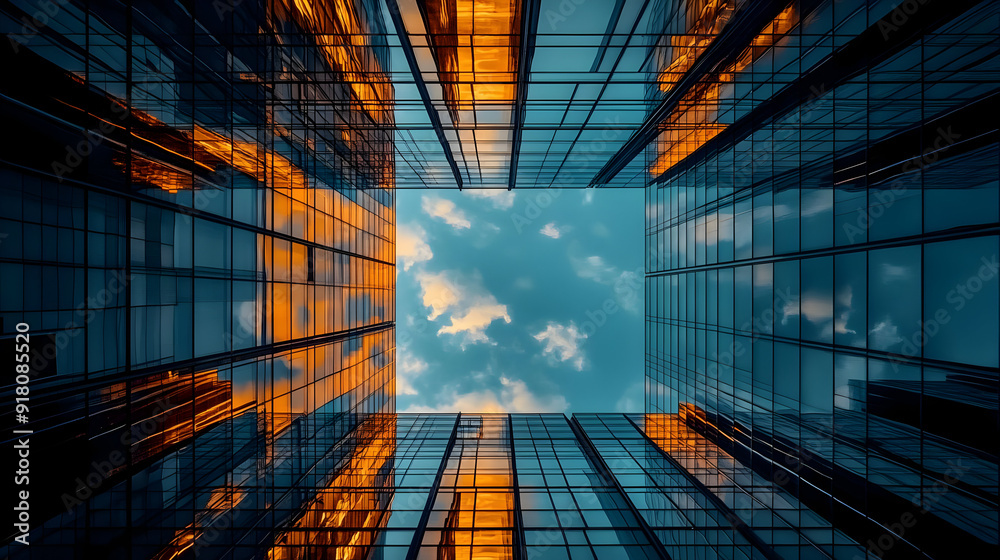 Poster looking up at a sky reflected in a modern glass building.