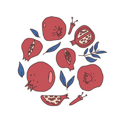 Pomegranates round emblem. Vector hand drawn fruits and leaves collection illustration isolated on white background.