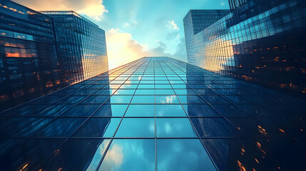 Low angle view of skyscrapers reflecting sky.