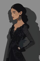 Minimalism illustration, a South Asian woman, wearing a floor-length lace gown with a cameo brooch and velvet gloves, with her arms resting by her sides, boho woman, fashion, flat illustration 