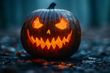 Glistening Halloween Pumpkin Glows Brightly Amidst Misty Forest Setting at Night