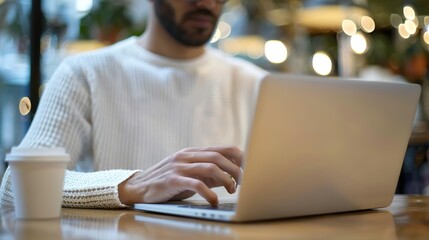 Productive Workday: Handsome Man Focused on Laptop in Cafe with Coffee, Creating Inspiring Atmosphere