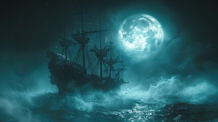 A haunted pirate ship crewed by skeletal pirates, sailing through an ethereal mist under a ghostly moon.