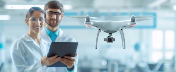 Fototapeta premium Engineers designing an autonomous drone, science research design, unmanned aerial systems