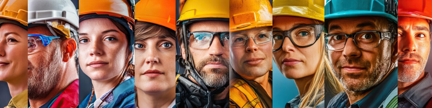 Unified Front for Fair Work: A collage of workers from various industries, each wearing their work uniforms or union gear, coming together in unity.