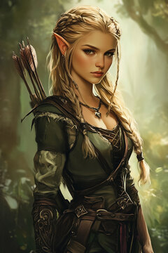Painting of a female elf ranger in the woods