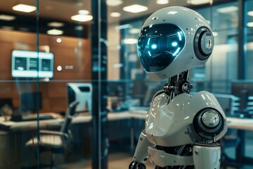 A close-up of a white humanoid robot in a modern office setting
