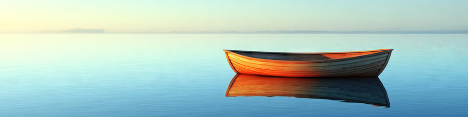 A minimalist wooden boat sits upon a serene, glassy lake.