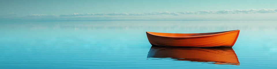 A minimalist wooden boat sits upon a serene, glassy lake.