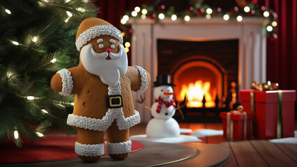Gingerbread cookie santa claus with christmas tree, snowman with gift, fire place