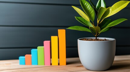 A vibrant plant growing next to colorful bars, symbolizing growth and success in business or personal development.