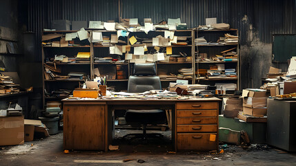 Messy office with cluttered desk and shelves.