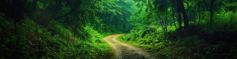 Fototapeta premium Passage: A clear pathway winds between lush green forests, beckoning exploration.