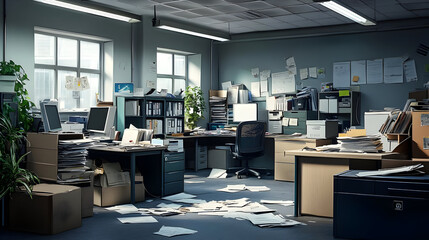 Messy office with overflowing paperwork and computers.