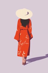 Minimalism illustration, an Asian woman, wearing a red kimono dress with a wide-brimmed hat and ankle boots, standing with her back slightly turned, bohemian fashion, boho, flat illustration