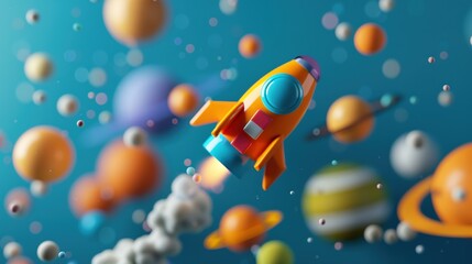 Naklejka premium Futuristic Toy Spaceship Flying Through Celestial Cosmos - 3D Render Illustration