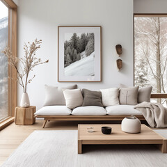 Minimalist Living Room Interior Design with Wooden Sofa and Snow Mountain View