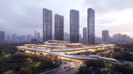 Modern Chinese Urban Area with Skyscrapers Elevated Walkways and Smart Technology Reflecting Infrastructure Advancement