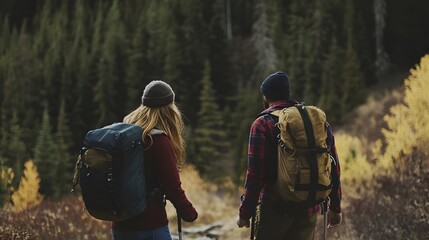 A couple hiking through a forest, wearing jackets and backpacks, enjoying the scenic nature.