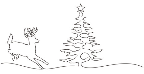 line art of spruce and deer in the desert, One continuous line drawing