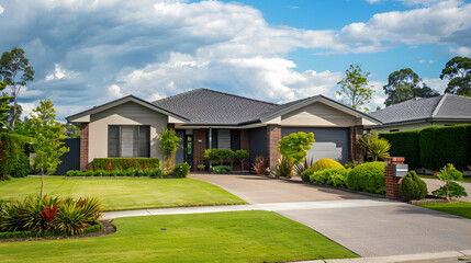 A contemporary Australian home or residential buildings front yard features artificial grass lawn