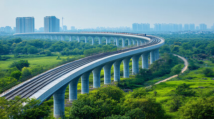 Obraz premium Modern Railway System Under Construction Symbolizing China's Transportation Infrastructure Investments Through Belt and Road
