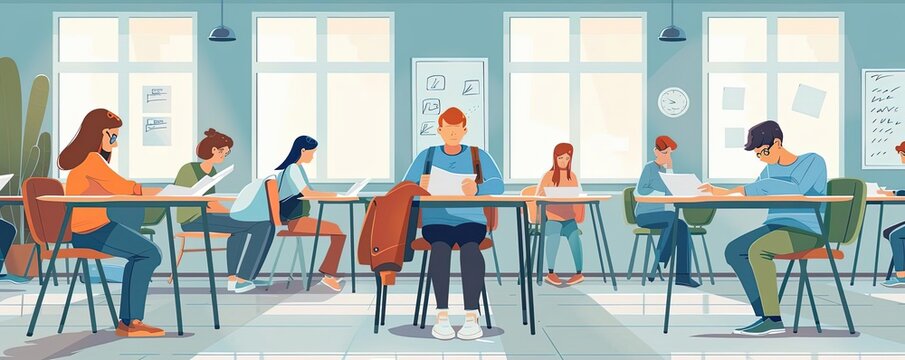 Exam day, students taking tests in classroom, flat design illustration