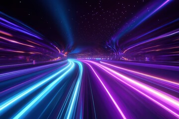 Fototapeta premium 3d Render, Blue purple speed light line through dark background, abstract fast highway patch, hyper speed warp in space with generative ai