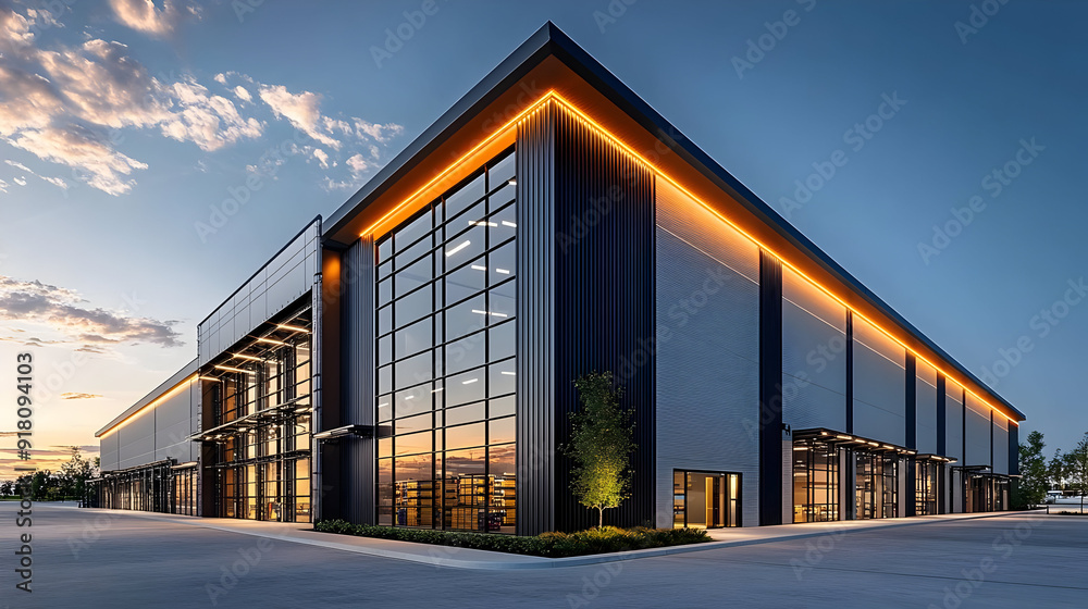 Wall mural Modern building with glass facade and warm lighting.