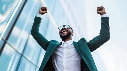 Joyful African American businessman celebrating success outdoors in a green suit.
