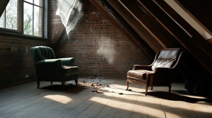 Spooky attic with dusty, old furniture and cobwebs.