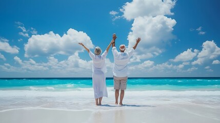 Senior couple enjoying the sunny beach with arms raised in joy under a bright blue sky.