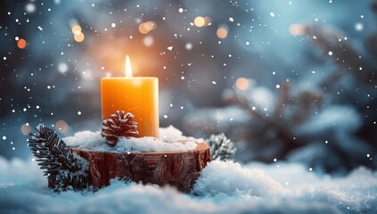 Minimalist Winter Candle with Snow and Pine Branches