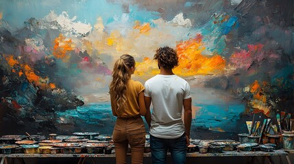 Young couple admiring a vibrant abstract painting in an art studio.