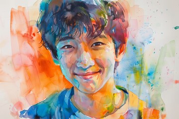 A watercolor portrait of a young Asian man with a bright smile