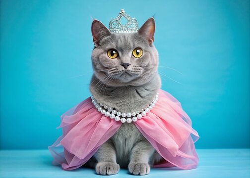 Adorable Chartreux cat accessorized with sparkly tiara and pink princess dress sits regally against soft periwinkle blue background, exuding femininity and whimsical charm.