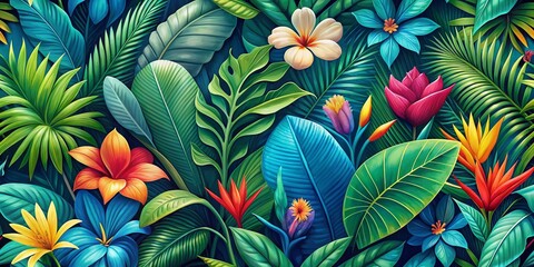 Vibrant green and blue hues form a stunning tropical background with lush oversized leaves and exotic flowers, perfect for summer themed designs and projects.