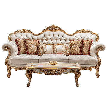 Front view of a Parisian Chic living room furniture set in elegant French-inspired designs, including a tufted sofa, Louis XVI armchairs, isolated on a white transparent background.