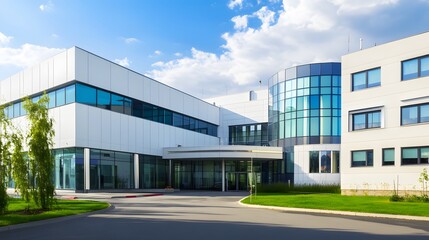 Fototapeta premium Modern hospital building with sleek architecture, large windows, and a clean exterior on a bright day.