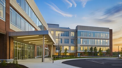 Modern hospital facade at sunset with glass windows and a main entrance.