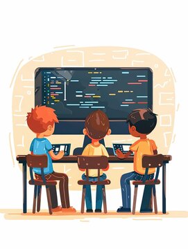 Computer class, kids coding and programming, flat design illustration