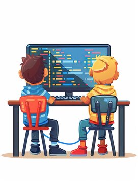 Computer class, kids coding and programming, flat design illustration