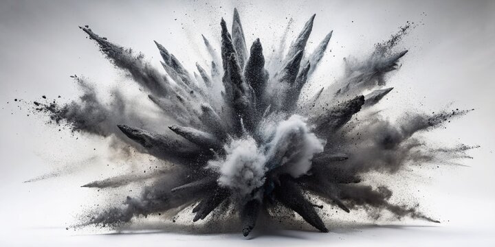 Dramatic explosion of black chalk fragments and swirling powder against a clean white background, capturing dynamic movement and texture in a single frozen moment.
