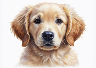 Whimsical watercolor portrait of an adorable golden retriever puppy, isolated on a transparent white background, showcasing its gentle features and sweet expression.