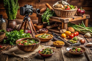 Earthy tones and natural textures evoke a cozy atmosphere in this rustic food photography setup, highlighting the organic essence of the freshly prepared cuisine.